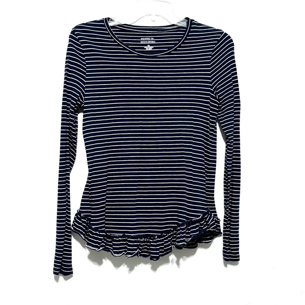 Banana Republic Top Light Long Sleeve Stretch Navy Stripe Shirt Womens sz XS